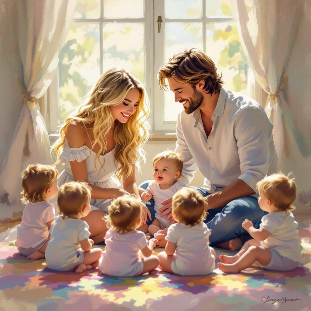 Joyful Interaction Between Woman and Man with Babies