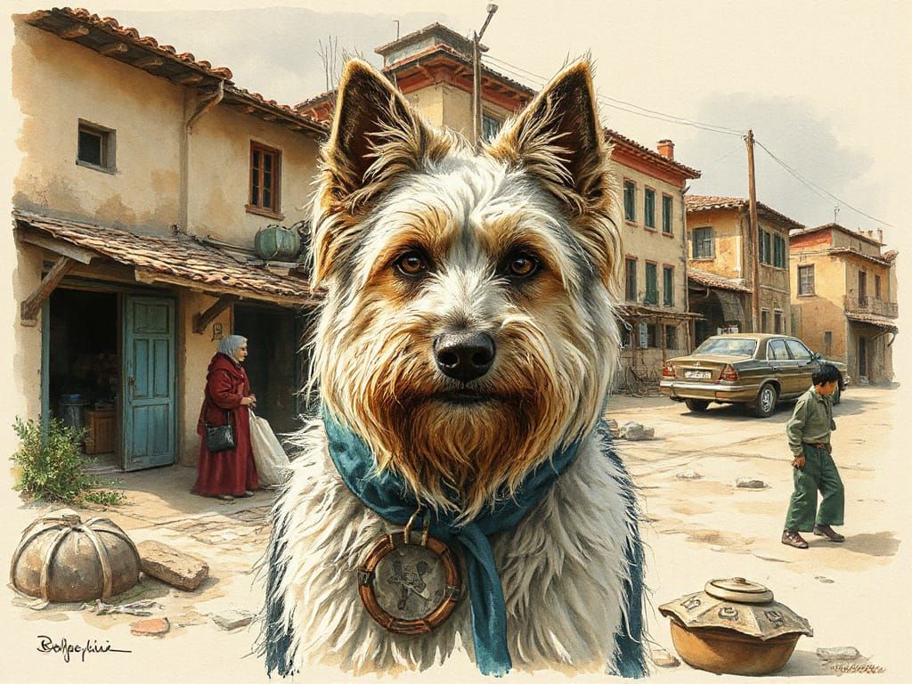Inkwash Illustration of Shaggy Dog in Armenian Village