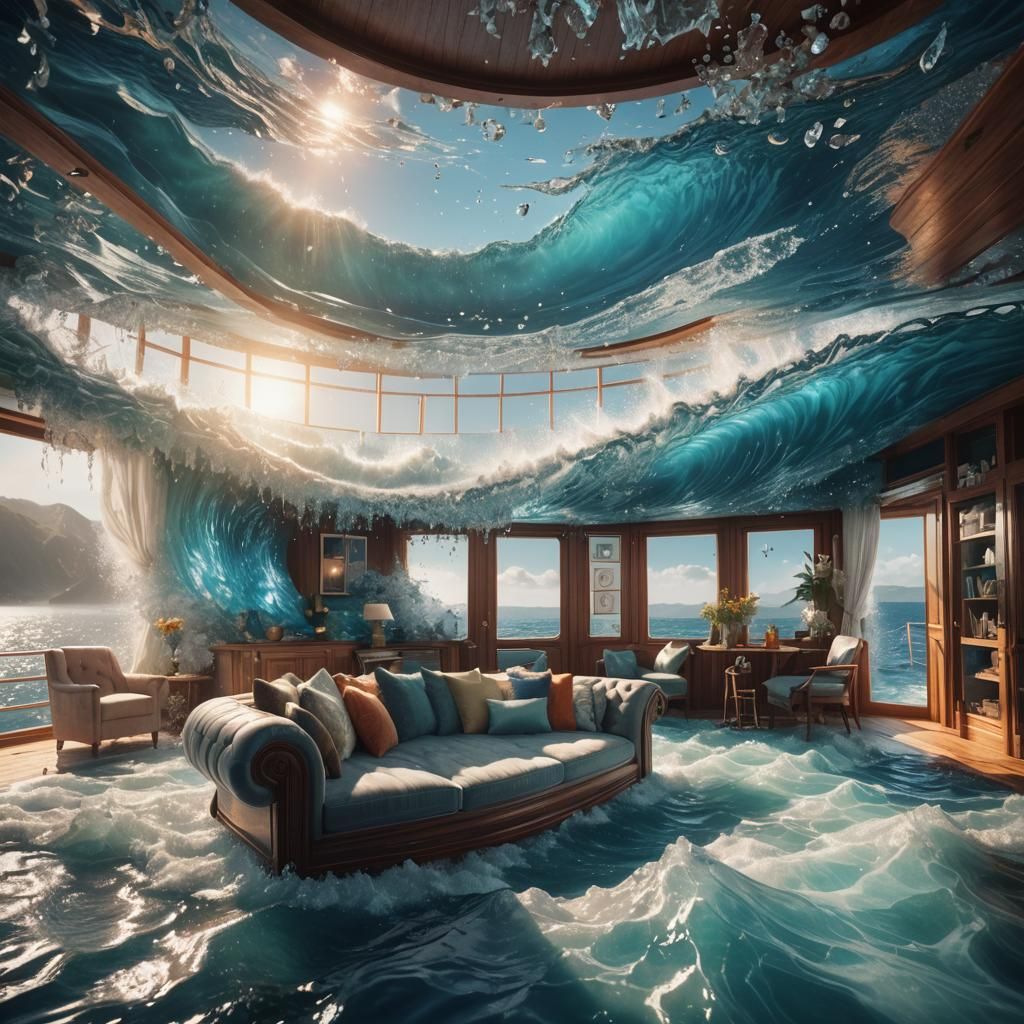 Oceanic Living Room with Boat Couch in Digital Painting
