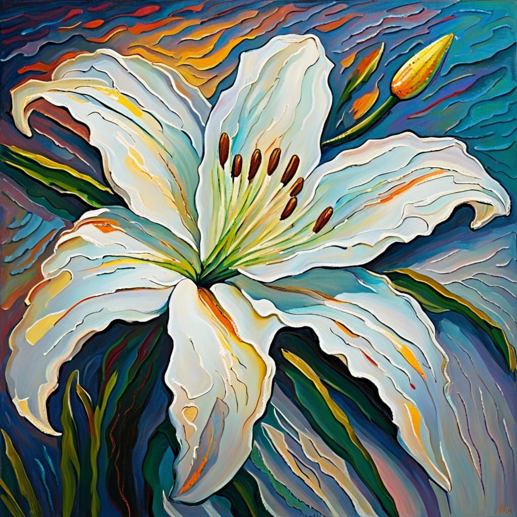 Luminous Lily in Expressionist Impasto Oil Painting