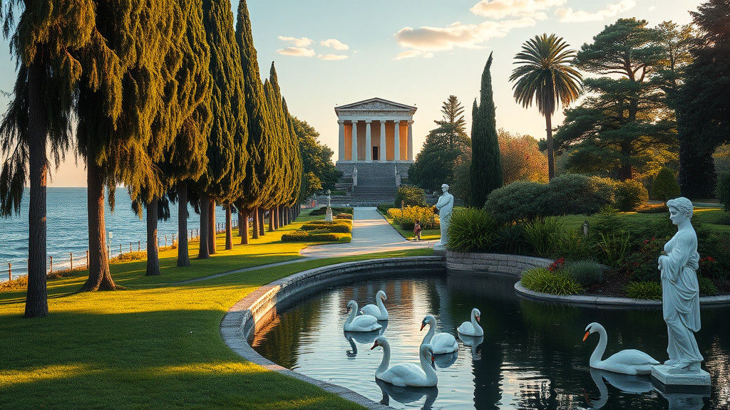 Idyllic Seaside Park with Roman Temple, in Style of Monet