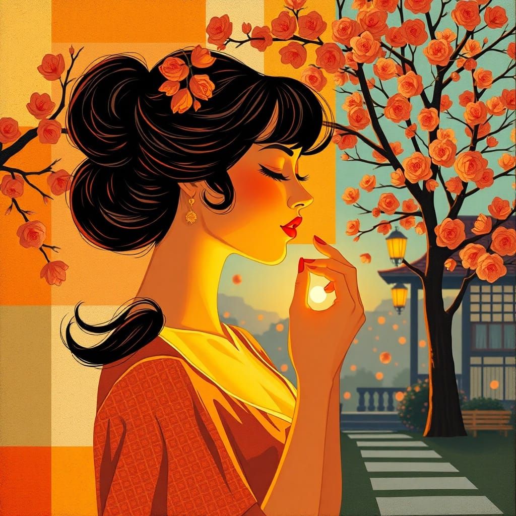 Abstract Figure Study with Garden Scene in Warm Autumn Light