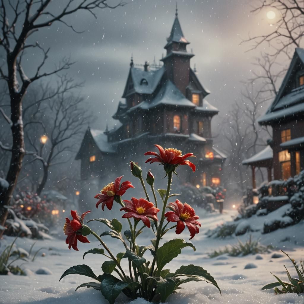 Red Flower Blooms in Winter Storm, Fantastical Realism