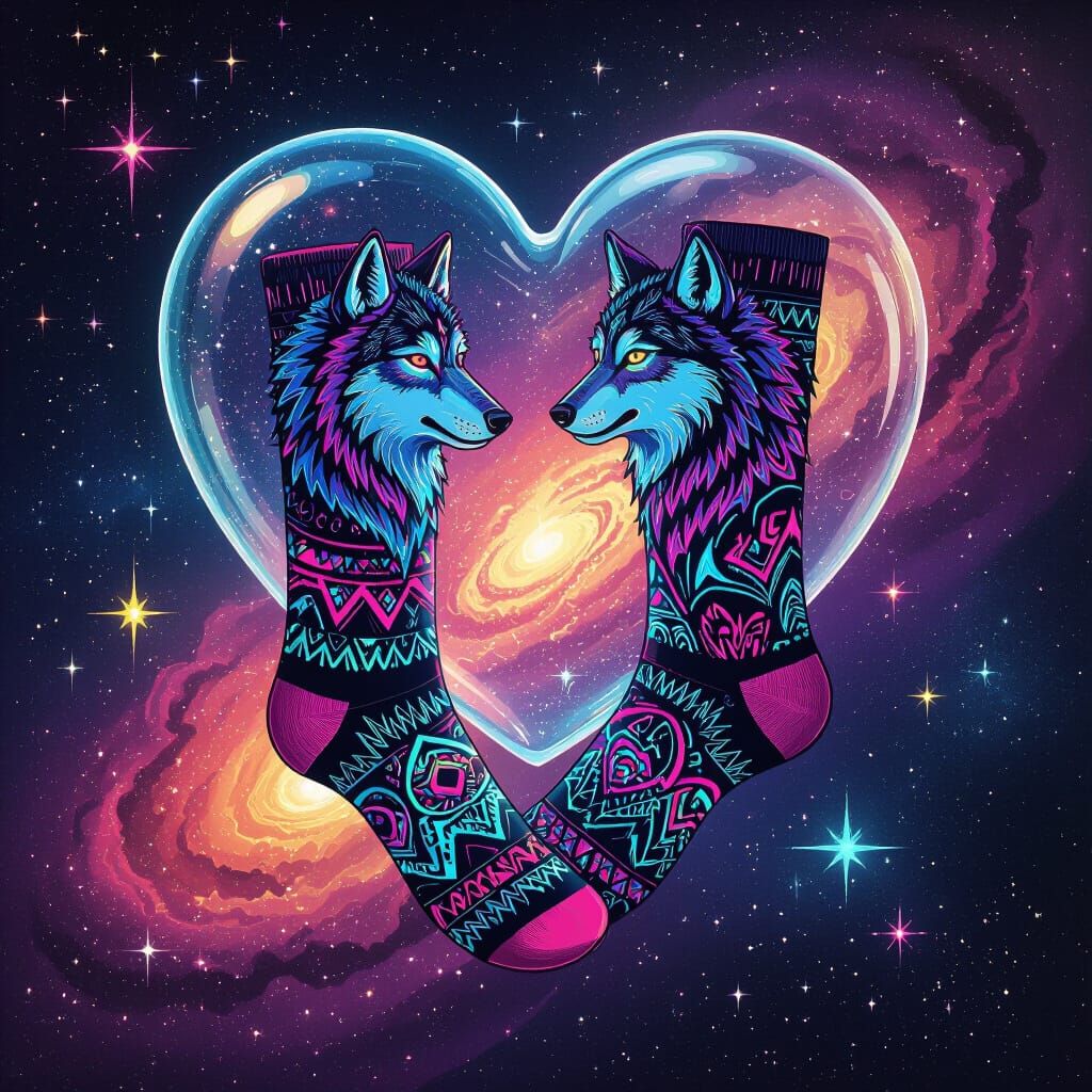 Neon Wolves in Galaxy Glass Heart: Psychedelic Socks