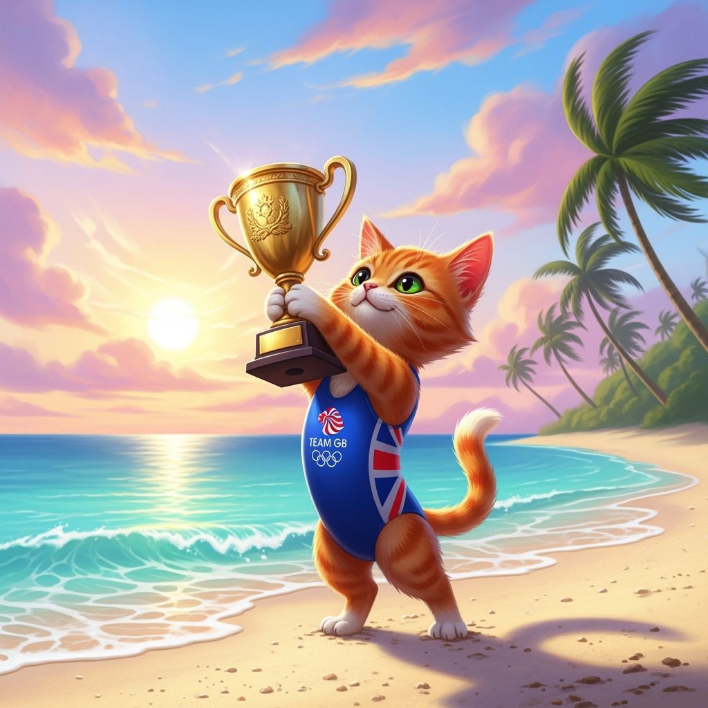 Cartoon Splash Art: Cat Wins on Caribbean Beach