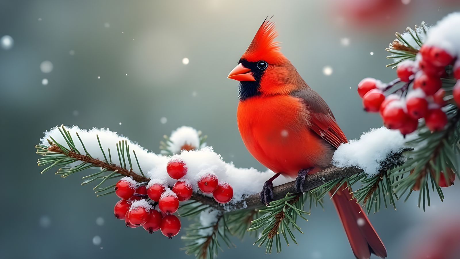 Red Cardinal on Snowy Pine Branch with Winter Berries