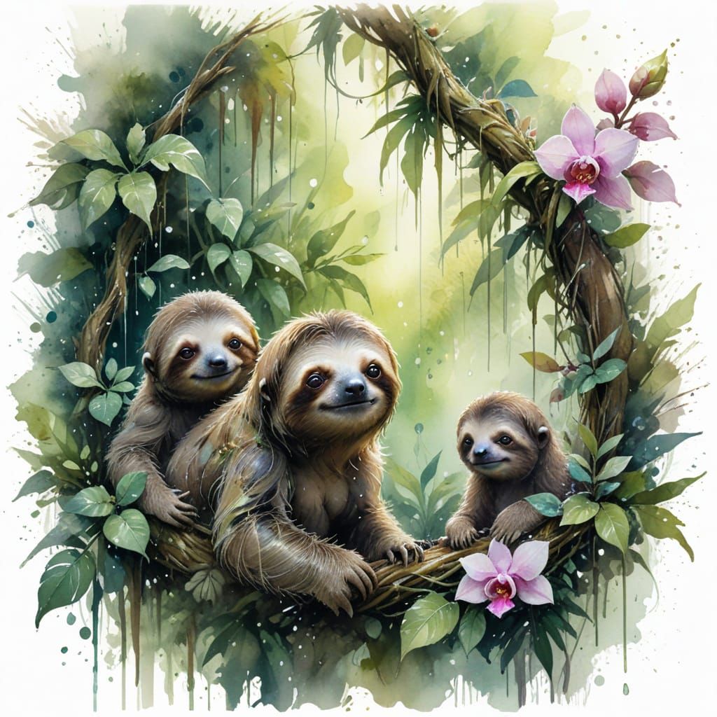 Sloth Duo in a Rainforest Canopy: Watercolour Art
