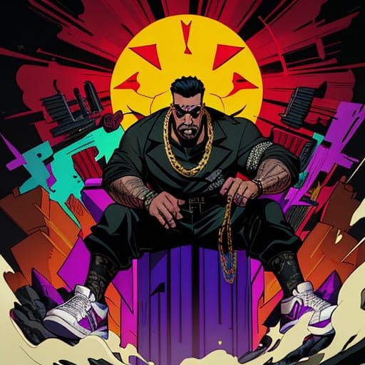 Gangster Icon in Hip-Hop Attire, Smoking Cigar, with Guns