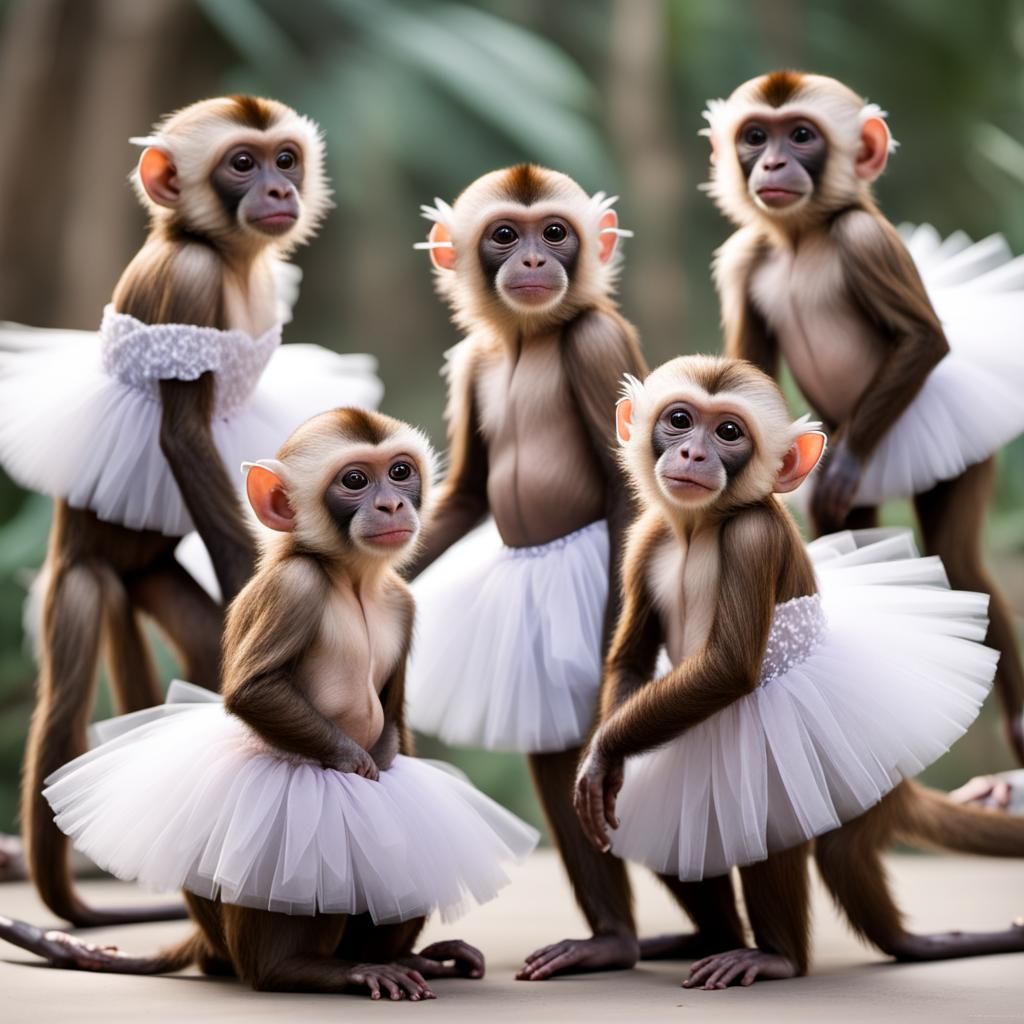 capuchin monkeys group Dressed in tutu’s ballet dancing to swan lake. 8K resolution depth of field photorealistic intric...