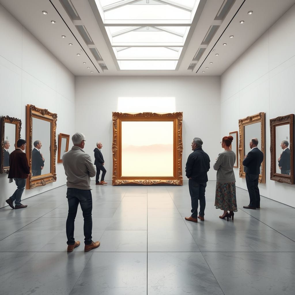 Visitors Contemplate the Void in a Surrealist Art Gallery