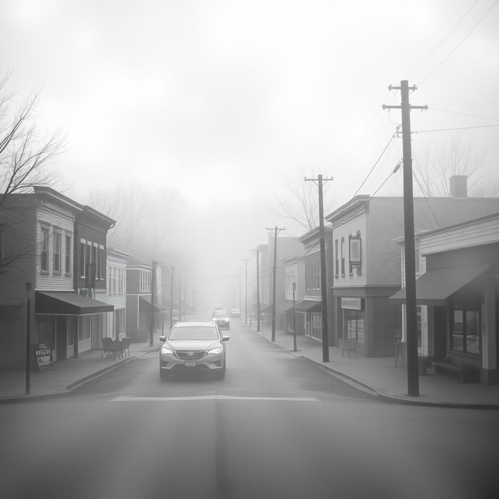 Serene Small-Town Scene in Dreamlike Greyscale