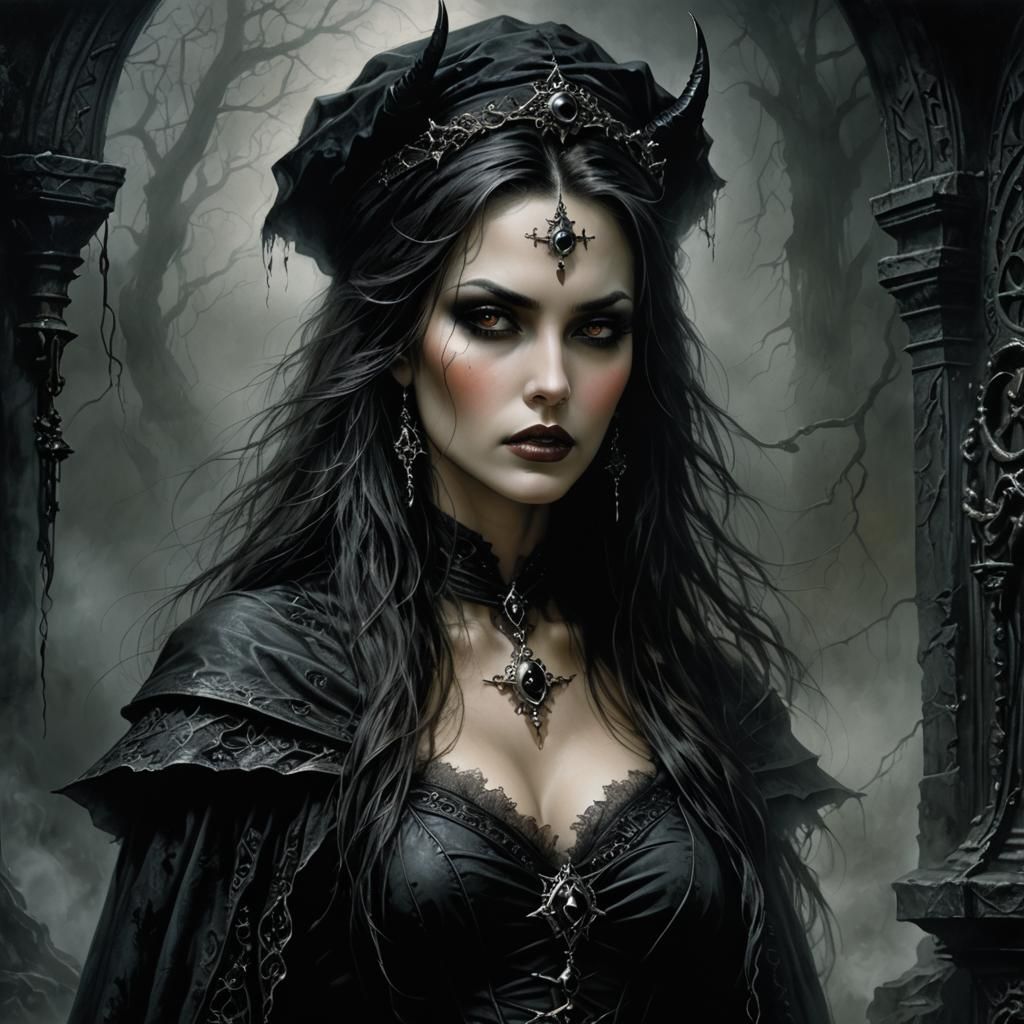 Gothic Witch in Foggy Lair: Dark Noir Portrait