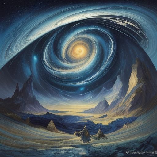 Fantasy Landscape: Ink Art with Cosmic Sky