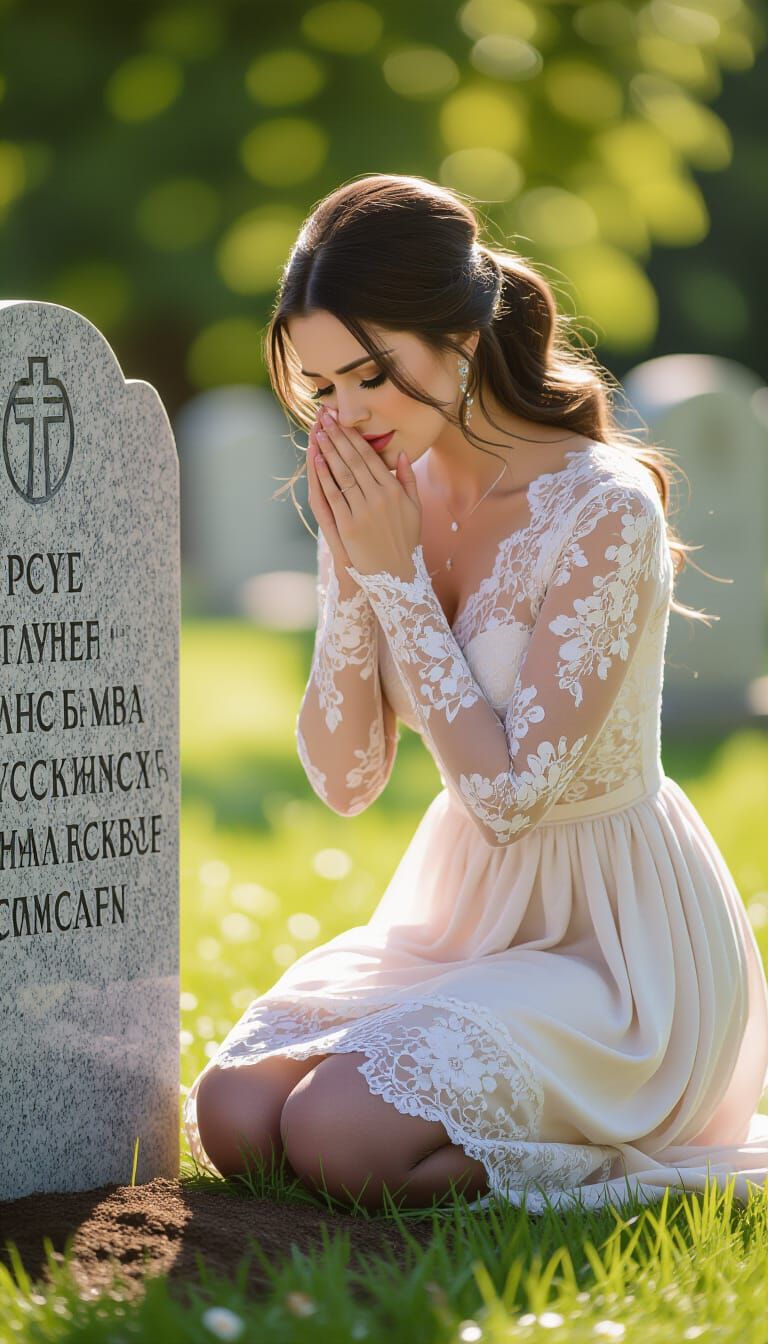 Widow in Lace Mourns at Grave: Professional Photography