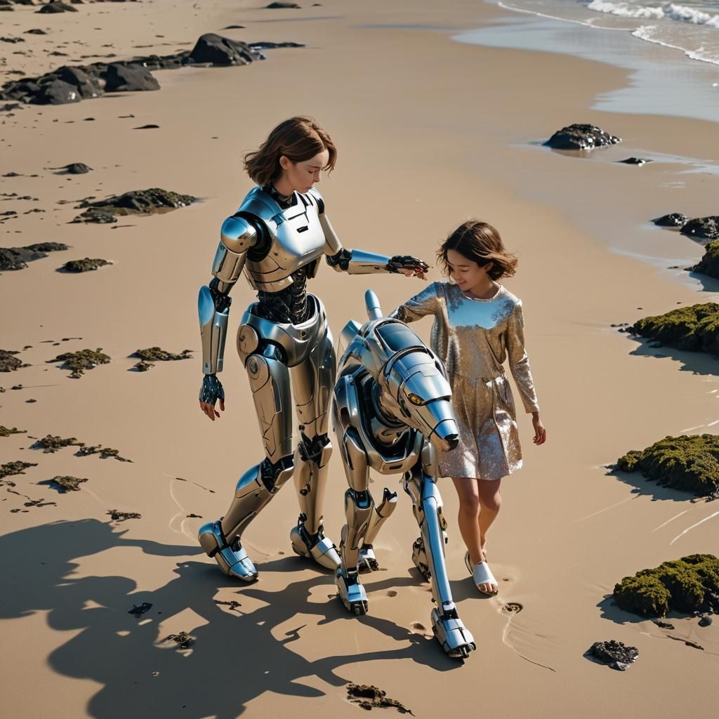 AI Robot and Girl on Beach in Cinematic Style