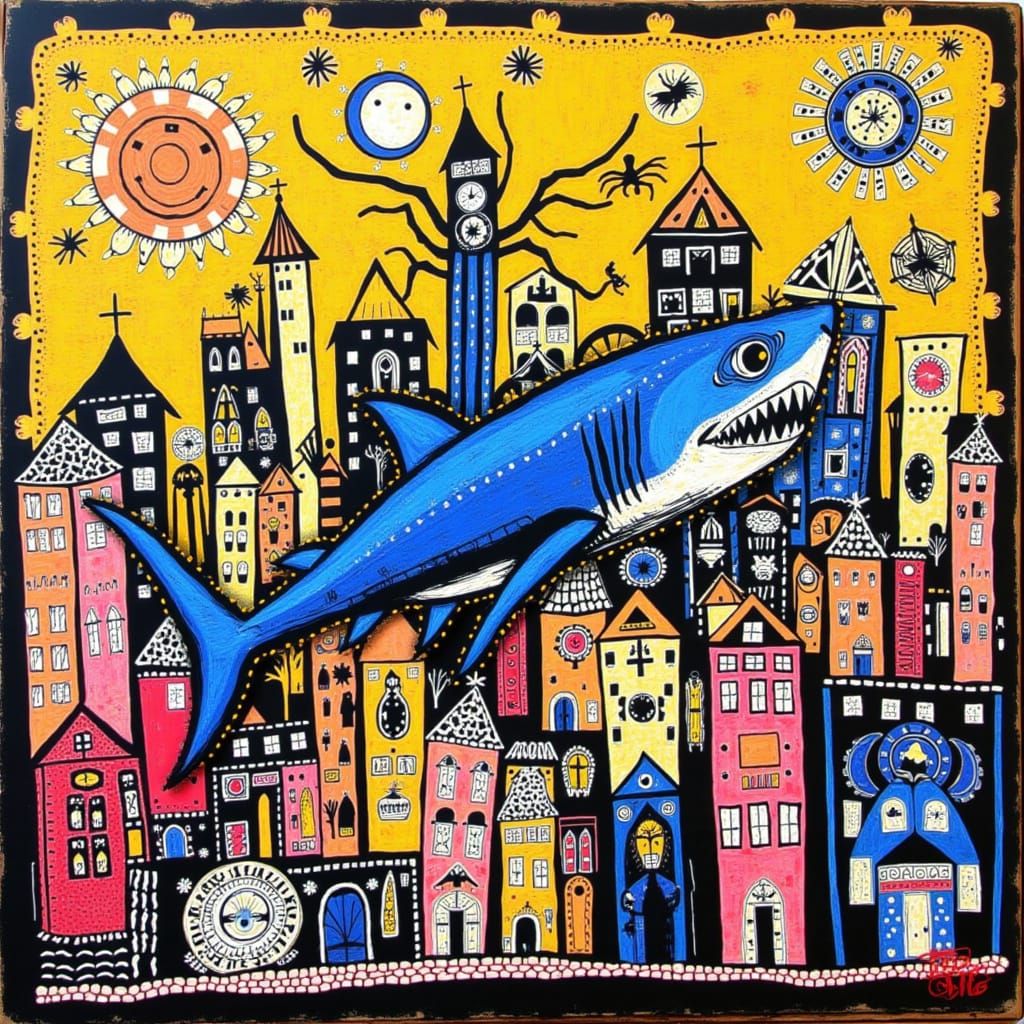Pop Art Shark Swims Through Abstract Cityscape