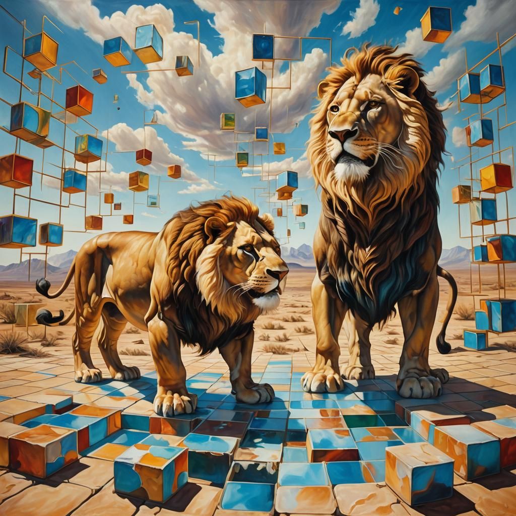Surreal Lions in Dreamlike Desert Landscape