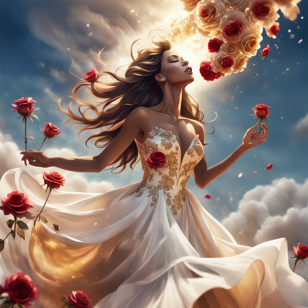 Woman in Golden Dress with Roses: Splash Art
