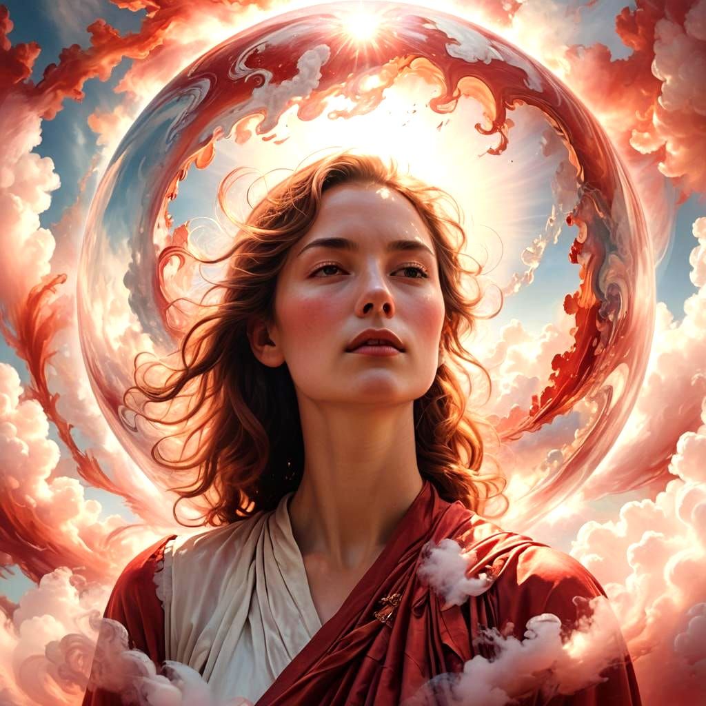 Ethereal Woman in Crimson Sphere with Divine Light