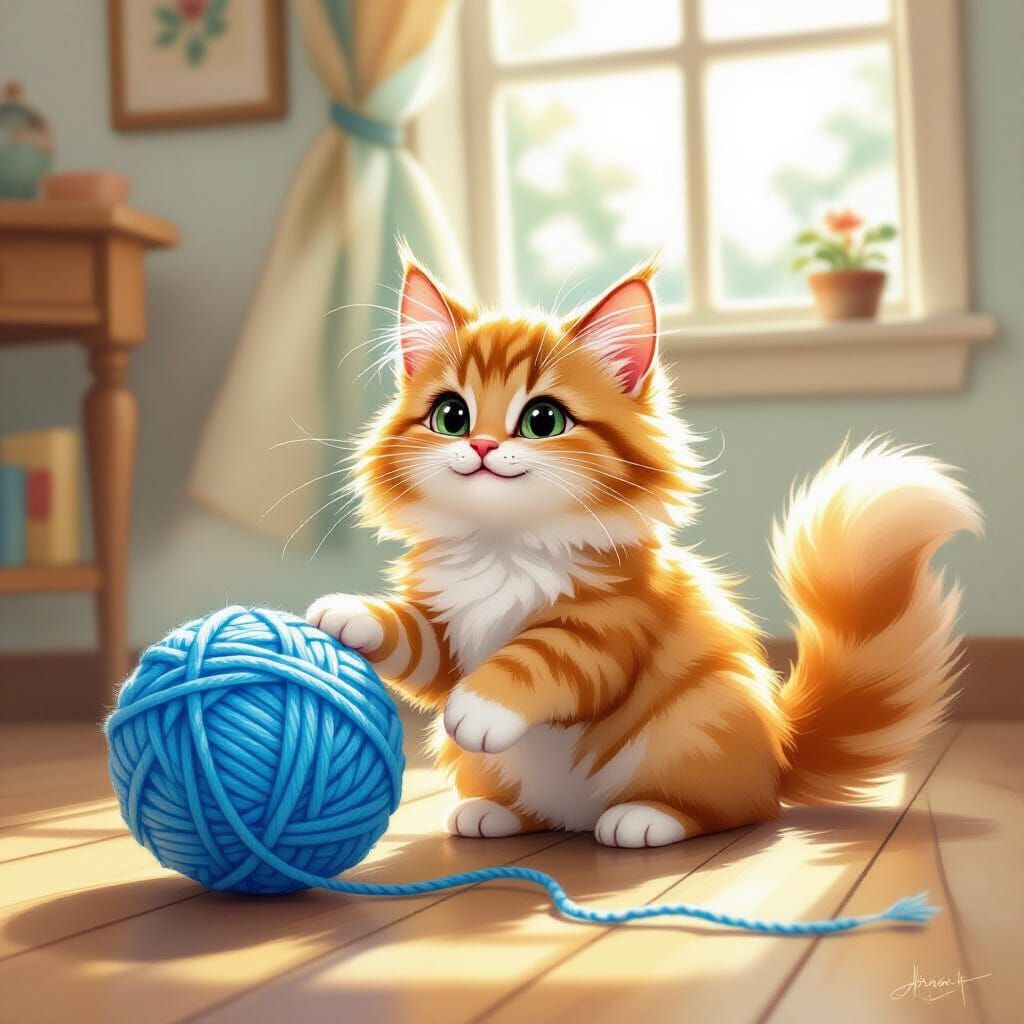 Ginger Cat Plays with Blue Yarn in Children's Book Style
