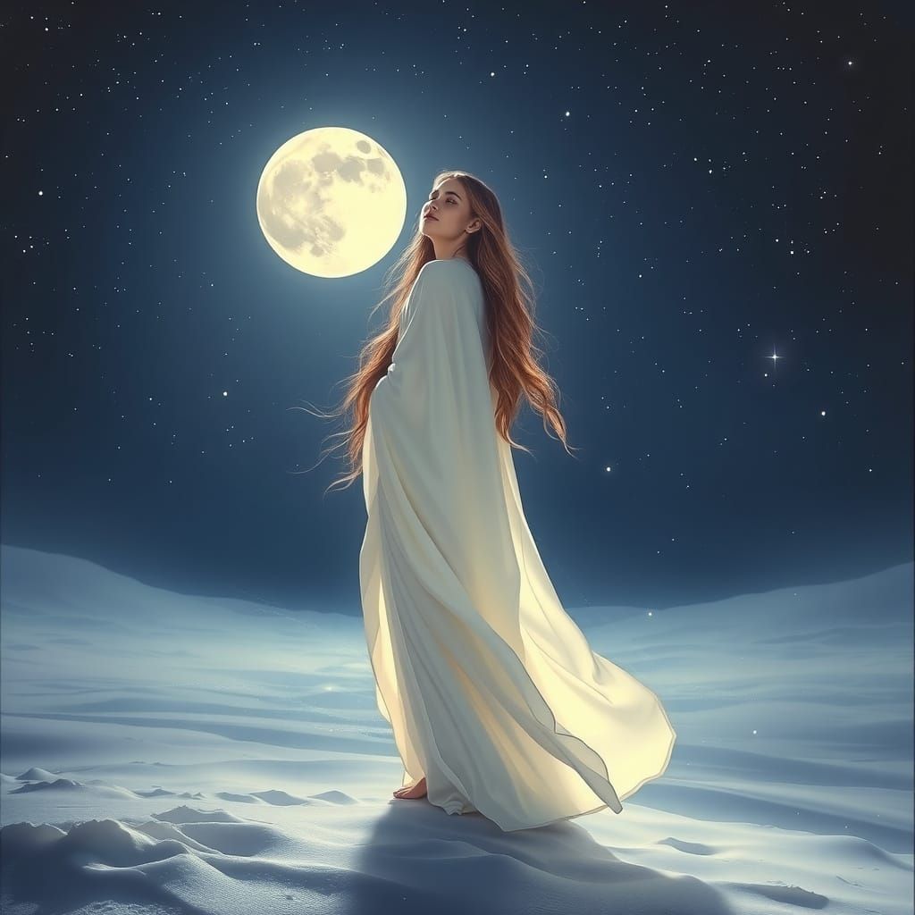 Divine Feminine Goddess in Snowy Night Sky with Celestial Au...