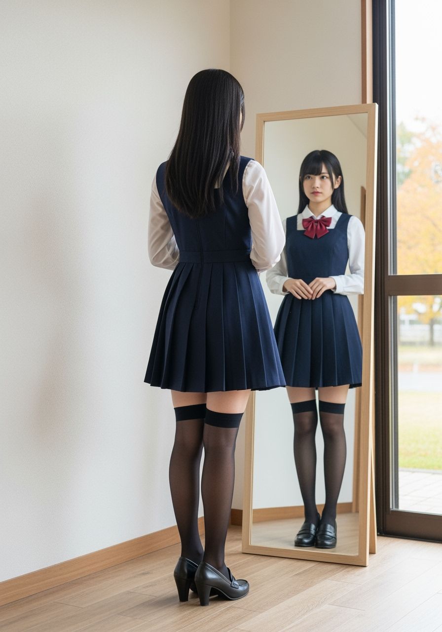 Maiden Contemplates Reflection in Autumn Shrine