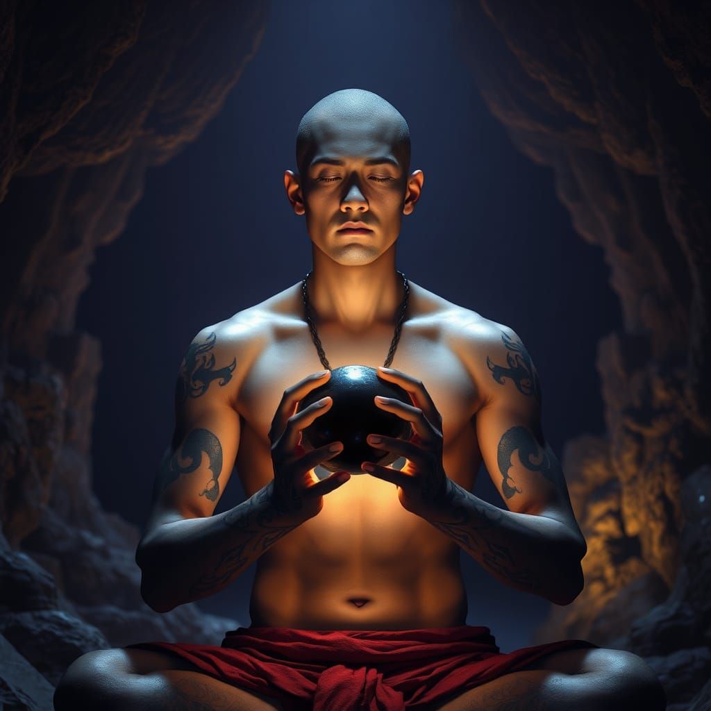 Mystical Monk Meditating in Dark Cave