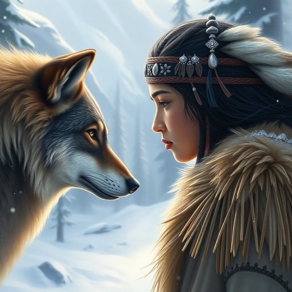 Watercolor Portrait: Native American Youth and Wolves