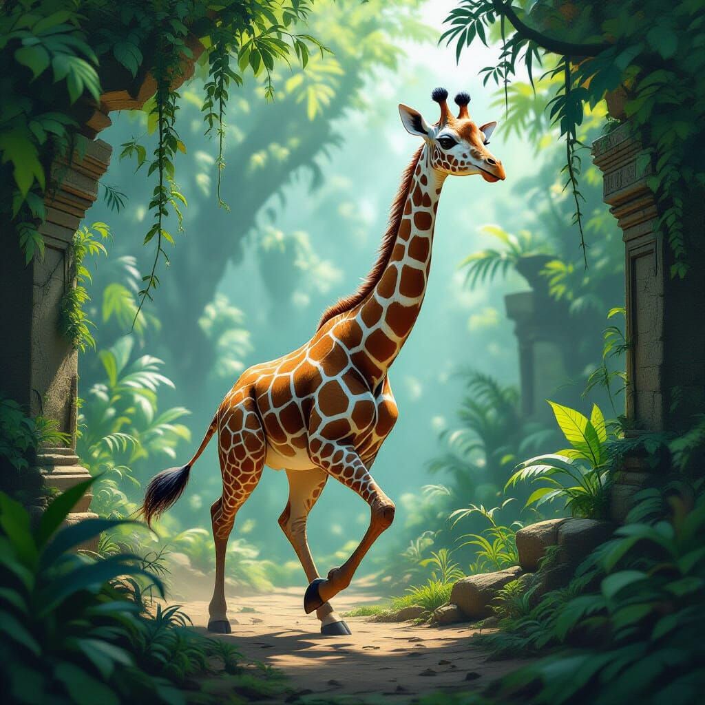 Fantastical Giraffe-Bird Creature in Atmospheric Jungle