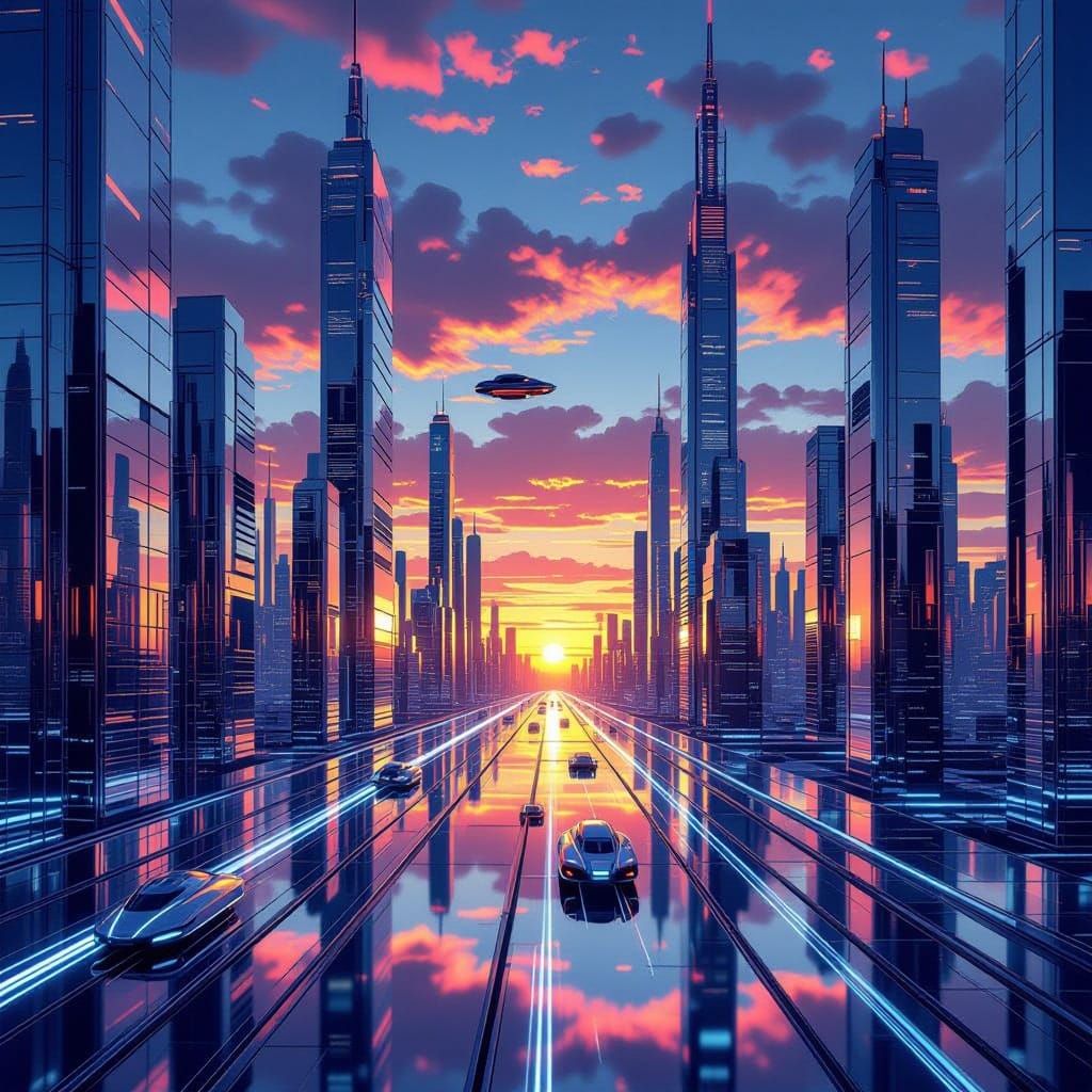 Sleek Futuristic Cityscape Reflects Alien Sunset in Hyperrea...