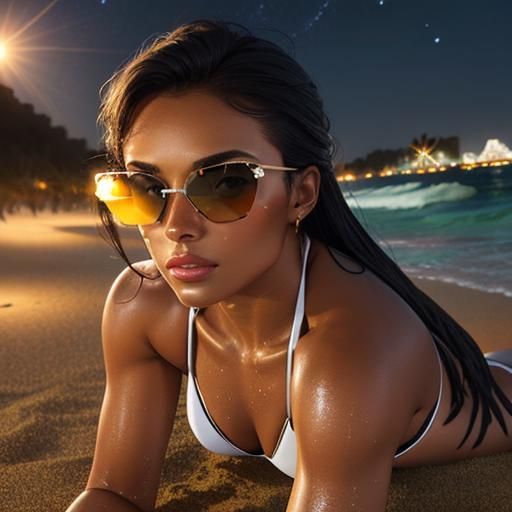 Bronze Woman on a Sandy Beach at Night