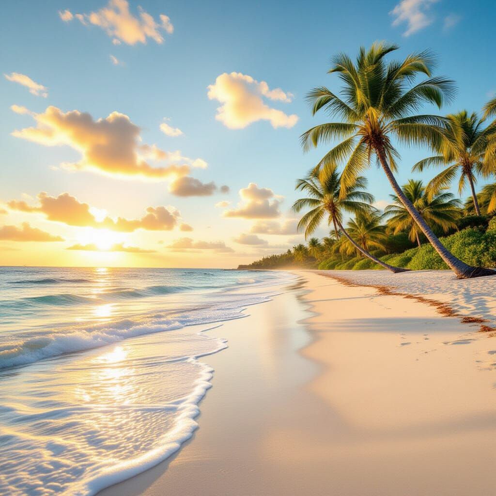 Tranquil Beach at Golden Hour, Photorealistic Style