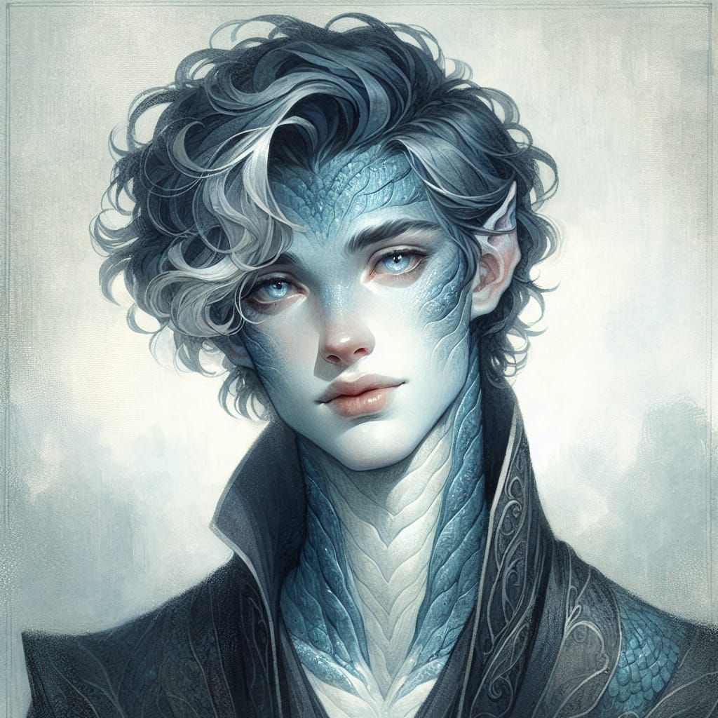 Air Genasi with Silver Scales in High Fantasy Style