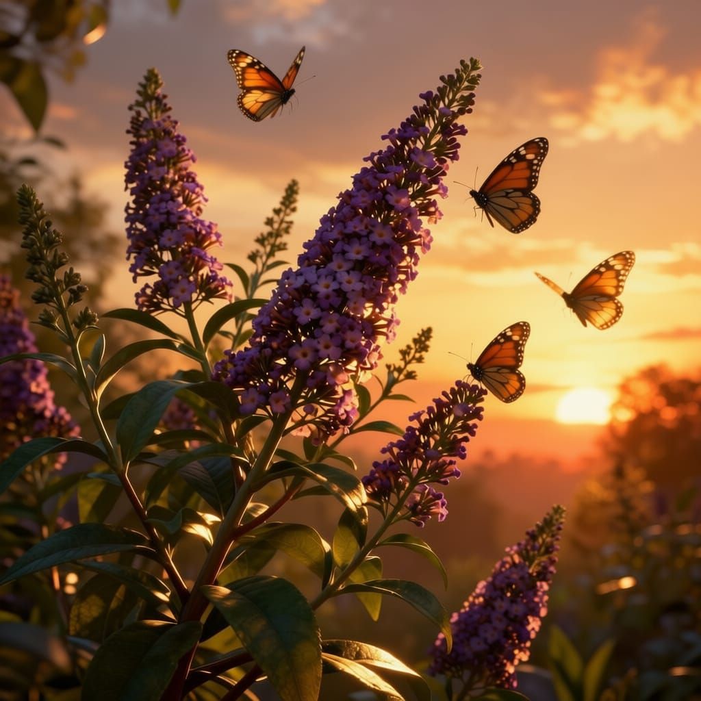 Lady with Butterfly Bush and Butterflies