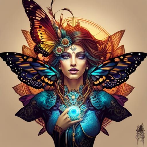 Steampunk Cybernetic Aztec Butterfly Queen Digital Art
