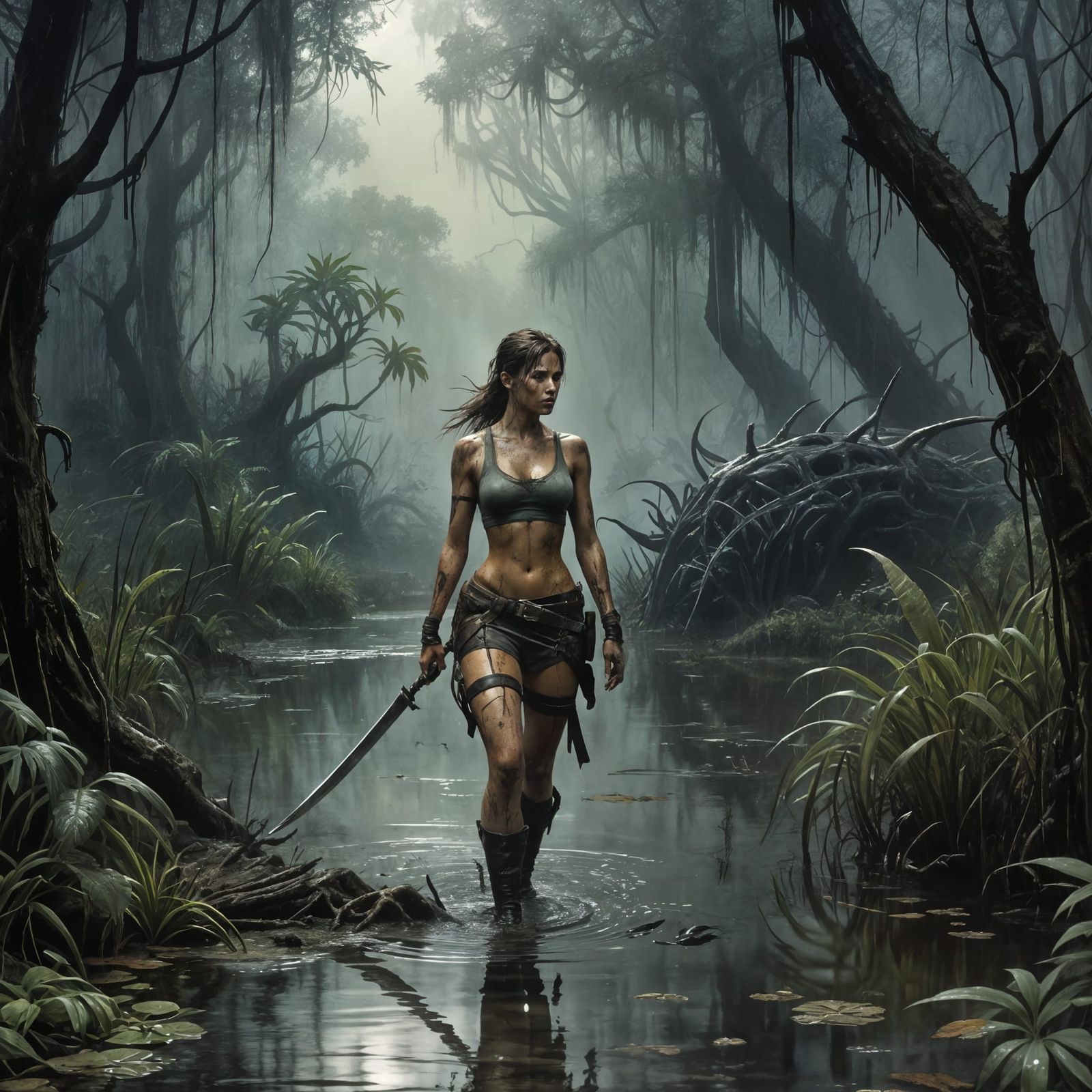 Lara Croft's Surreal Swamp Adventure in Watercolor Comic Sty...