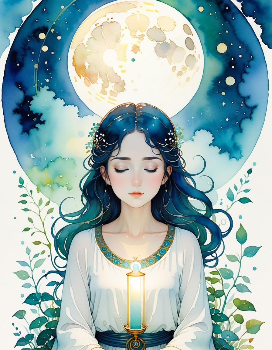 Minimalist Meditation in Watercolor with Bioluminescent Acce...