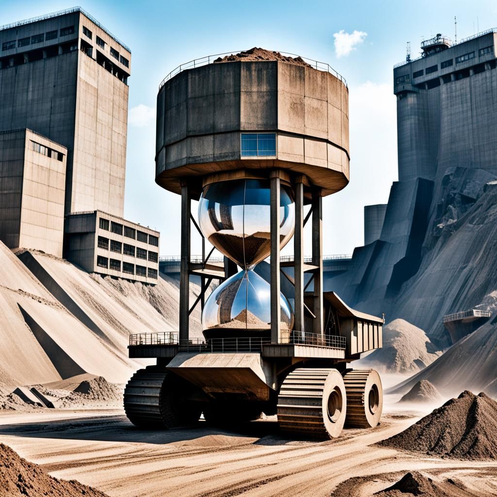 Giant Hourglass Filled with Boulders in Brutalist Style