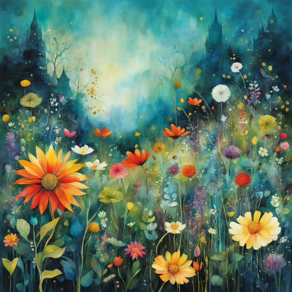 Whimsical Wildflower Dreamscapes in Vibrant Cubist Style