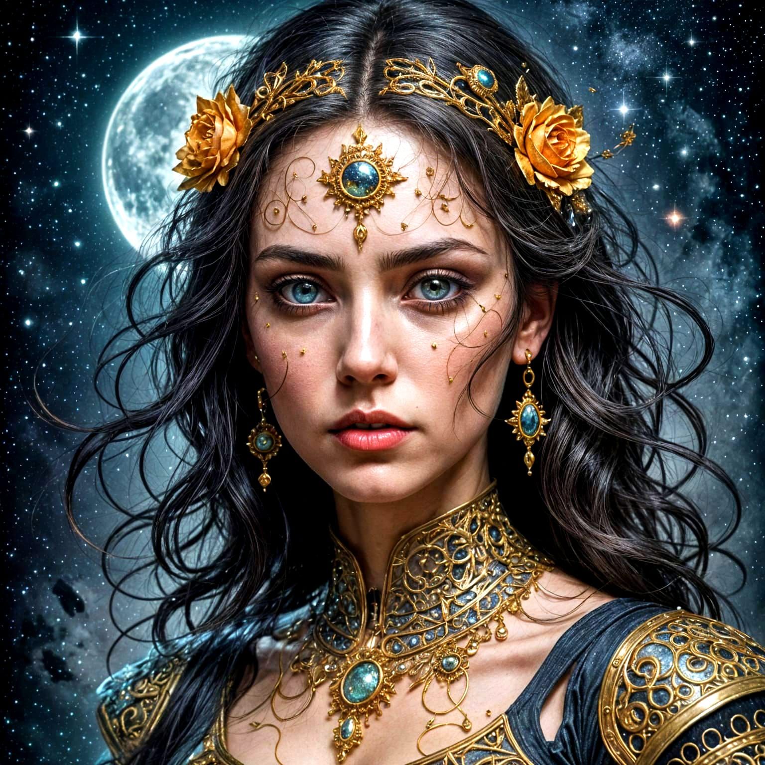 Surreal Girl Portrait with Cosmic Filigree in Oil Painting S...