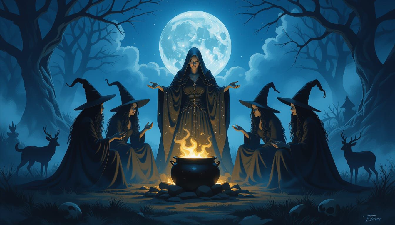 Hecate and Witches Tableau in Oil Painting Style