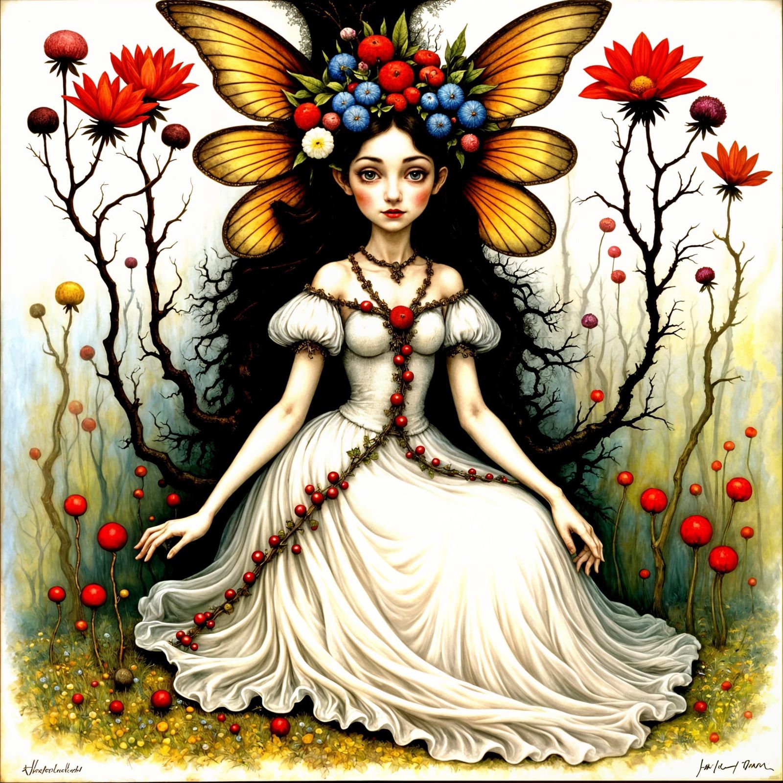 <lora:Mordecai-F:1.0>  <lora:VictorianFairies1F:1.0> beautiful fantasy fairy by Arthur Rackham and Tim Burton