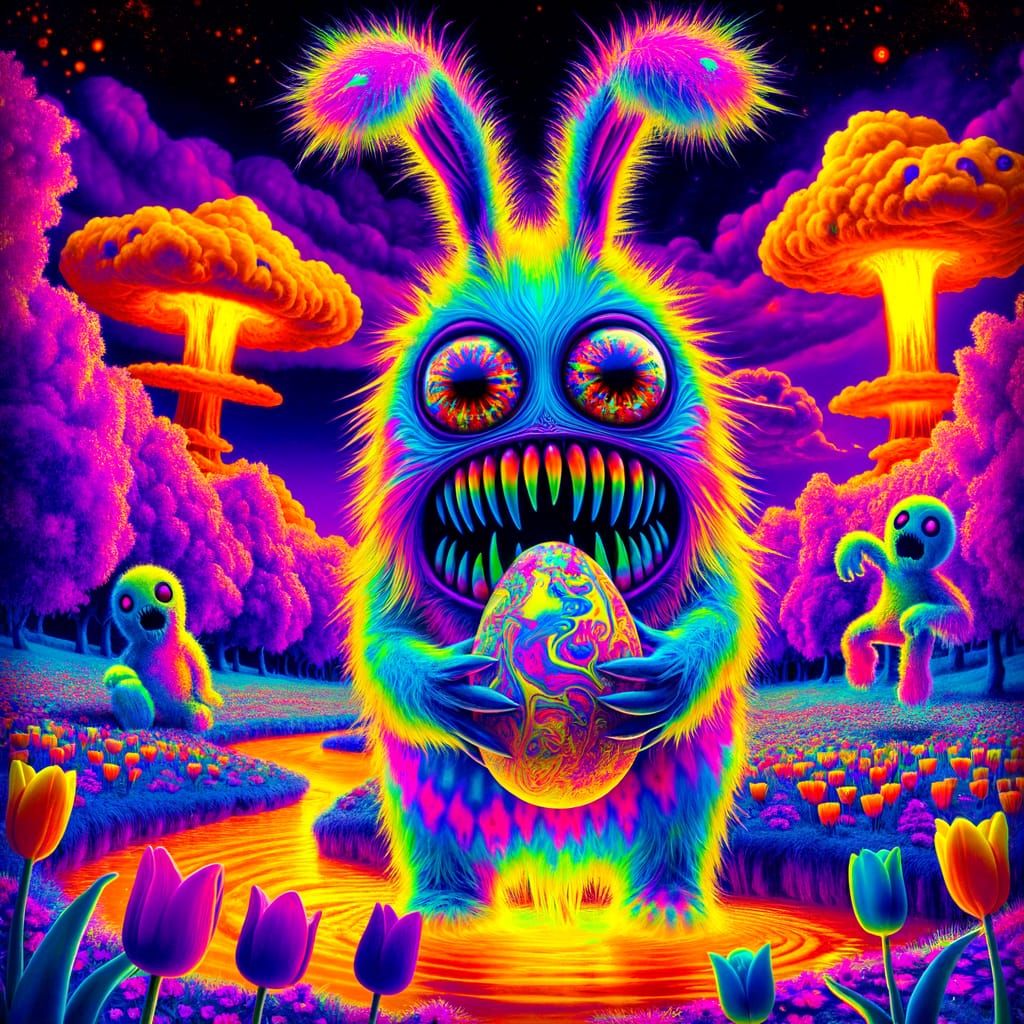 Vibrant, Psychedelic Alien Bunny in a Field of Blooming Flow...