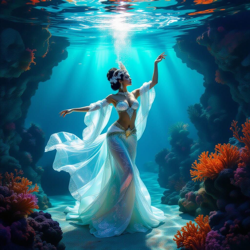 Showgirl's Ethereal Dance in Mystical Underwater City