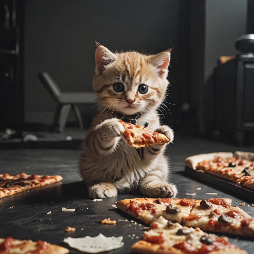Cute Kitten Eats Pizza While Watching TV