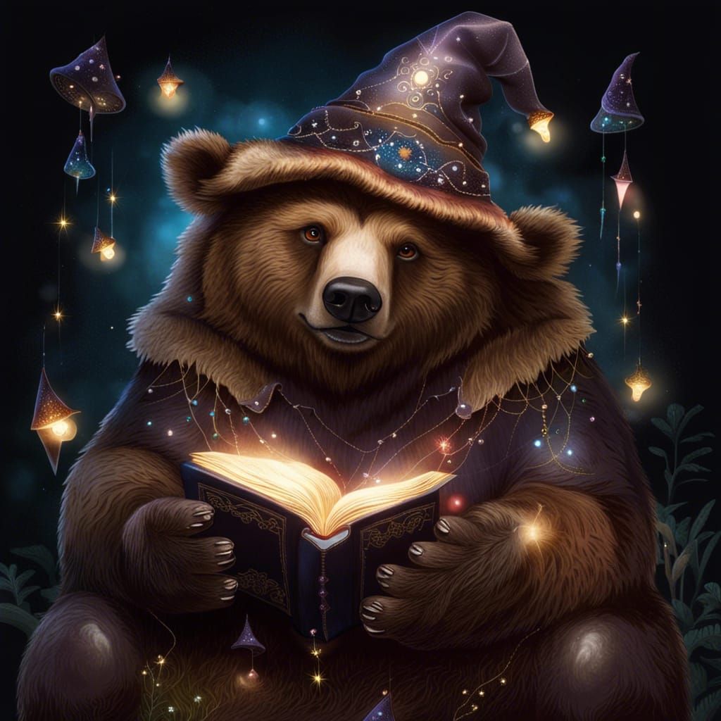 Magical Grizzly Bear Witch Reading Book of Spells