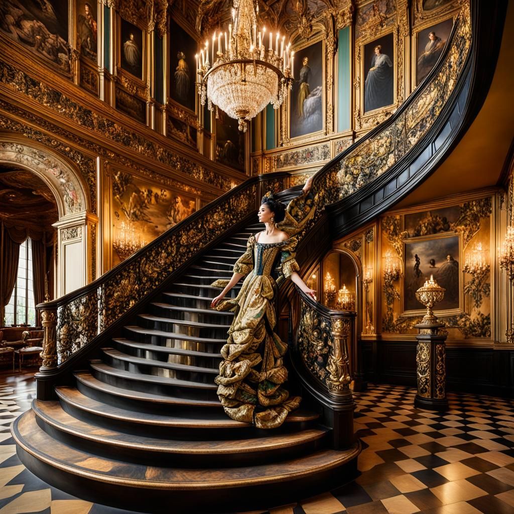 Regal Woman Descending Grand Staircase in Baroque Style