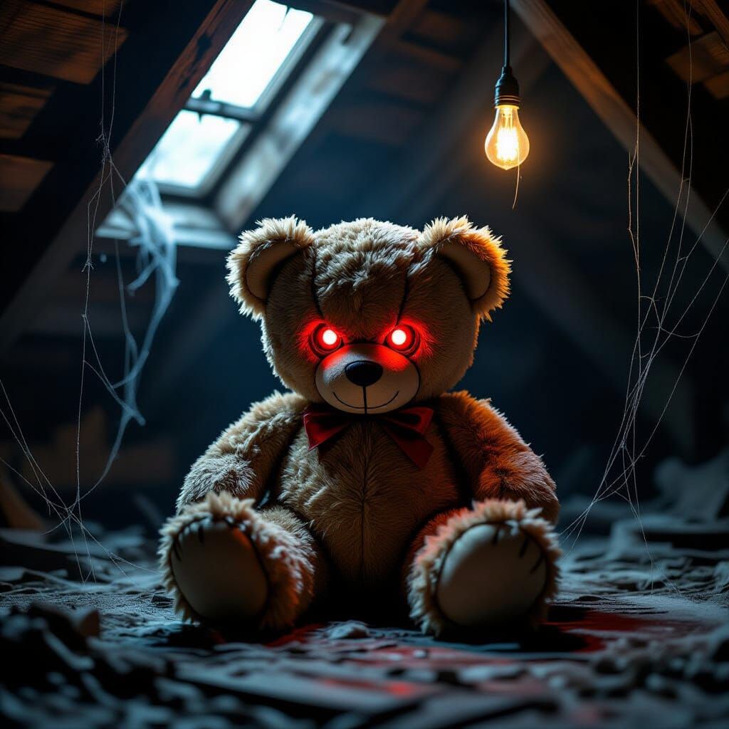 Sinister Teddy Bear with Red LED Eyes in Dusty Attic