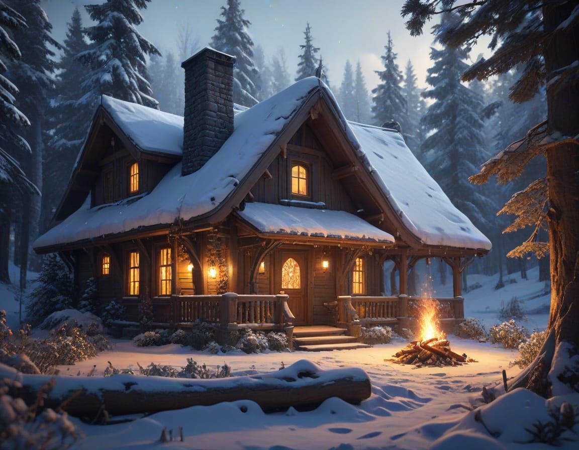 Whimsical Winter Cottage Scene in Art Nouveau Style