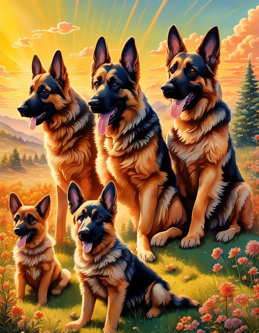 Hyperdetailed German Shepherd Puppies in Meadow
